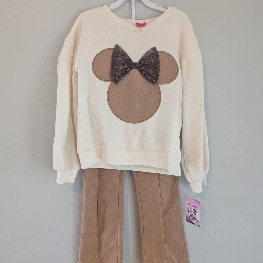 Disney Minnie Mouse Girls 6X Sweatshirt and Pants Set Ivory Leopard Bow